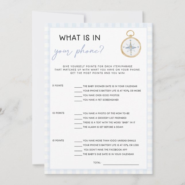 Sailing Themed Baby Shower Game - Whats in Phone (Voorkant)