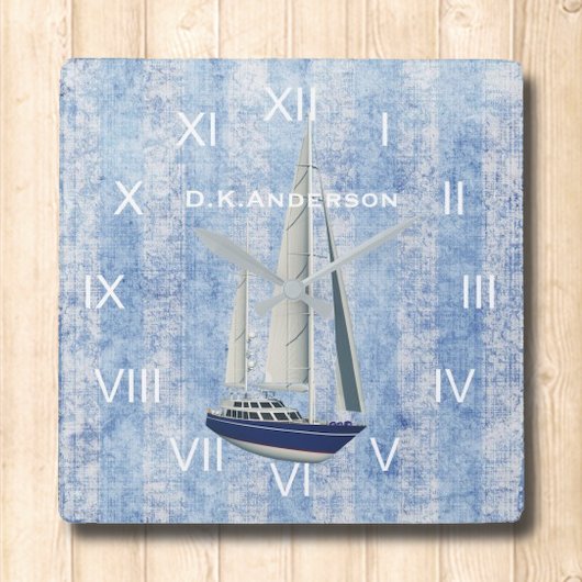 Sailing Yacht Clock Blue and White Vierkante Klok