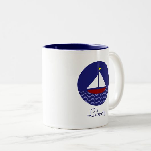 Sailing Yacht & Liberty Calligraphy Tweekleurige Koffiemok (Voorkant rechts)