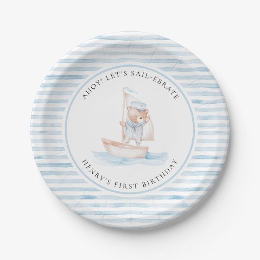 Sailor Bear Blue Stripe Birthday Papieren Bordje (Voorkant)