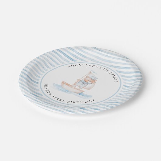 Sailor Bear Blue Stripe Birthday Papieren Bordje (Gekanteld)