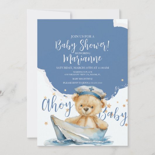  Sailor Bear Boy Baby Shower  Invitation Kaart (Voorkant)