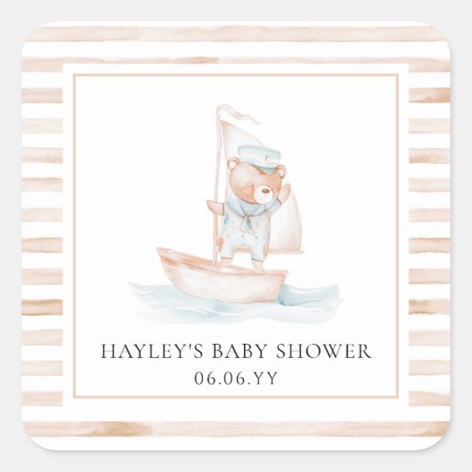 Sailor Beer Tan Stripe Baby shower Vierkante Sticker (Voorkant)