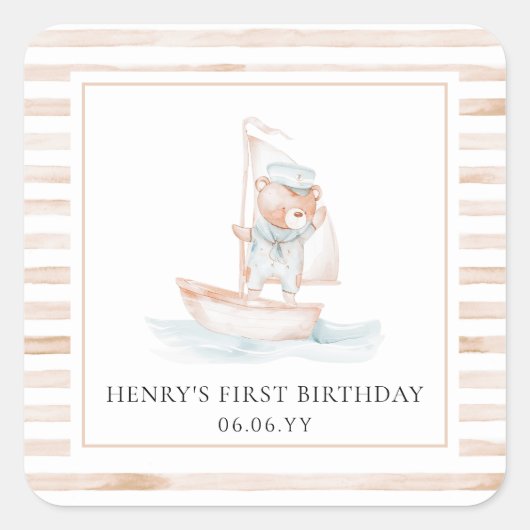Sailor Beer Tan Stripe Verjaardag Vierkante Sticker (Voorkant)