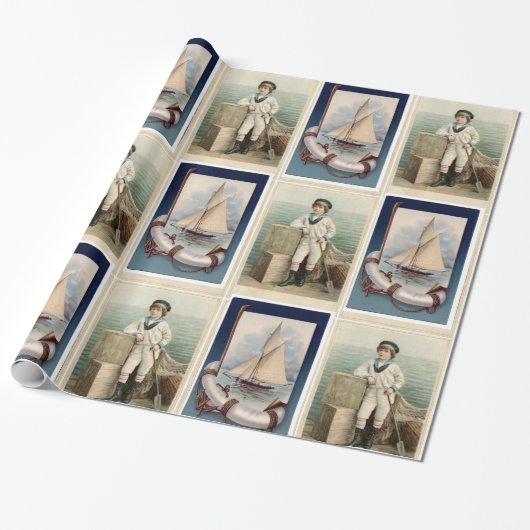  SAILOR BOY, SAILBOAT, ANCHOR EN LIFEBELT CADEAUPAPIER (Uitgerold)