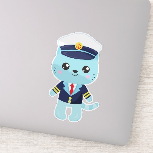 Sailor Cat, Sailor Pet, Boat Captain, Blue Cat Sticker (Detail)
