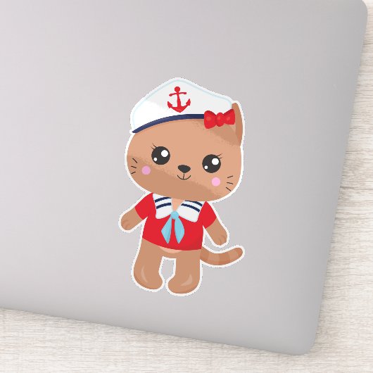 Sailor Cat, Sailor Pet, Boat Captain, Brown Cat Sticker (Detail)
