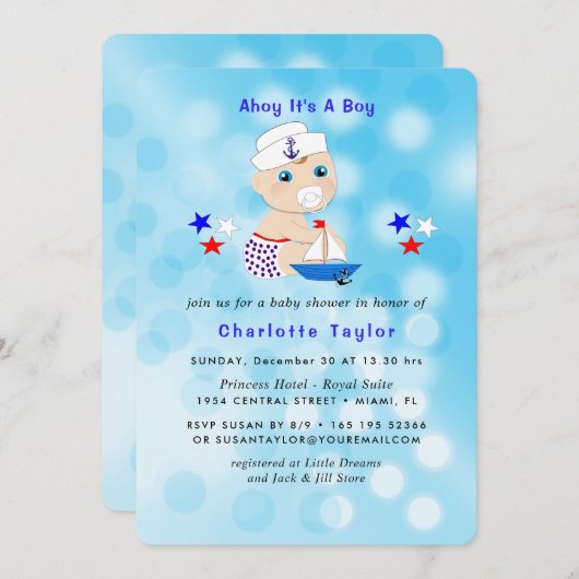 Sailor Cute Blue van Baby shower Kaart (Voorkant / Achterkant)