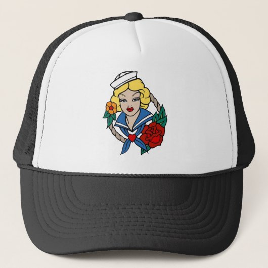  Sailor Girl met Roos Tattoo Art Trucker Pet (Voorkant)