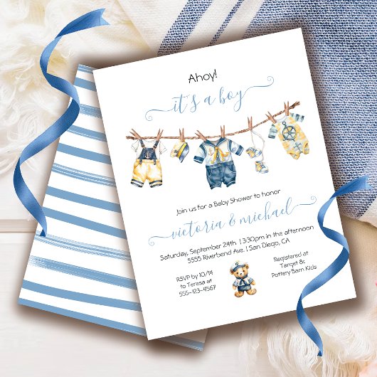 Sailor Nautical Ahoy Boy Baby shower waslijn Kaart