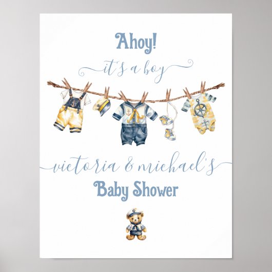 Sailor Nautical Clothesline Baby shower Welkom Poster (Voorkant)