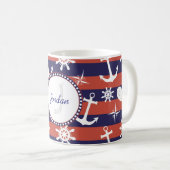 Sailor Nautical navy blue and red strees monogram Koffiemok (Voorkant rechts)