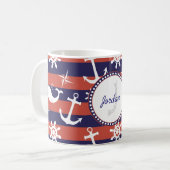 Sailor Nautical navy blue and red strees monogram Koffiemok (Voorkant links)