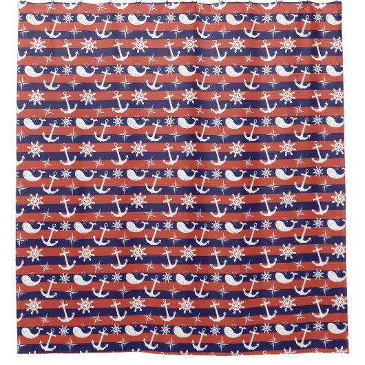 Sailor Nautical navy blue and red stripes Douchegordijn (Voorkant)