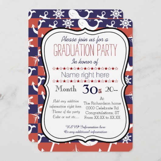 Sailor Nautical navy blue en red Graduaton party Kaart (Voorkant / Achterkant)