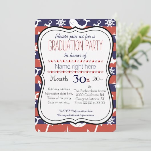 Sailor Nautical navy blue en red Graduaton party Kaart (Staand voorkant)