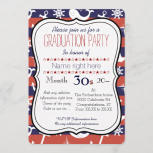 Sailor Nautical navy blue en red Graduaton party Kaart