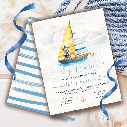 Sailor Nautische Ahoy Boy Baby shower Zeilboot Kaart