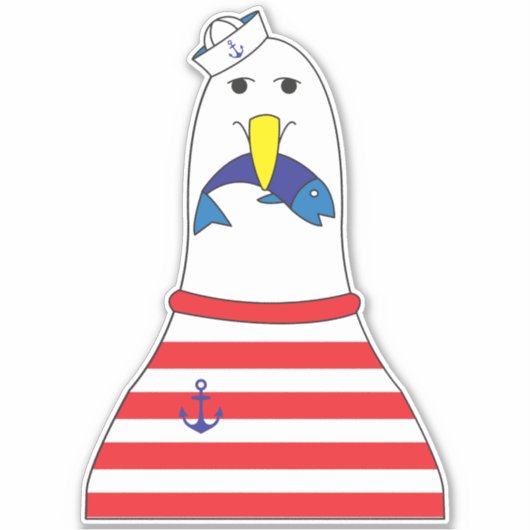 Sailor Seagull Bird Eet a Fish Kinder Nautical Sticker (Voorkant)