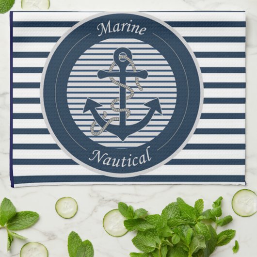 Sailor Stripes Anchor en Rope op witte achtergrond Theedoek (Gevouwen)