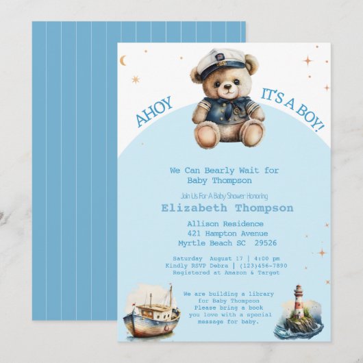 Sailor Teddy Bear Breng een Boek Baby shower Kaart (Voorkant / Achterkant)