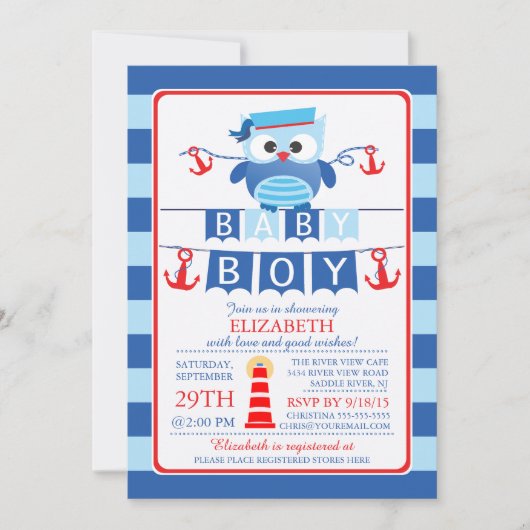 Sailor Uil Nautical Boy Baby shower Uitnodiging (Voorkant)