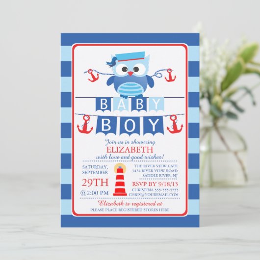 Sailor Uil Nautical Boy Baby shower Uitnodiging (Staand voorkant)
