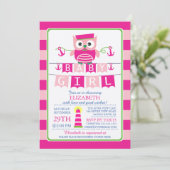 Sailor Uil Nautisch Meisje Baby shower Uitnodiging (Staand voorkant)