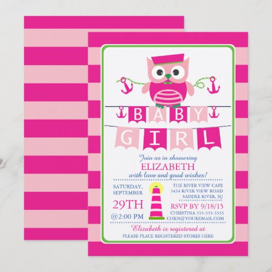 Sailor Uil Nautisch Meisje Baby shower Uitnodiging (Voorkant / Achterkant)