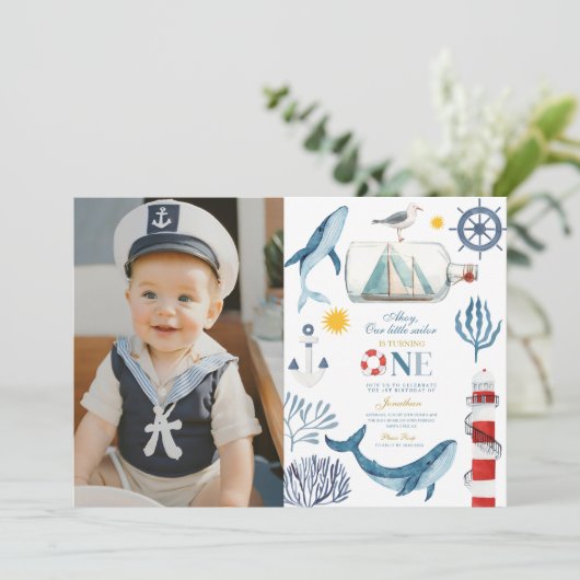 Sailor Waterverf Whale Zee 1e Verjaardag Kaart (Staand voorkant)