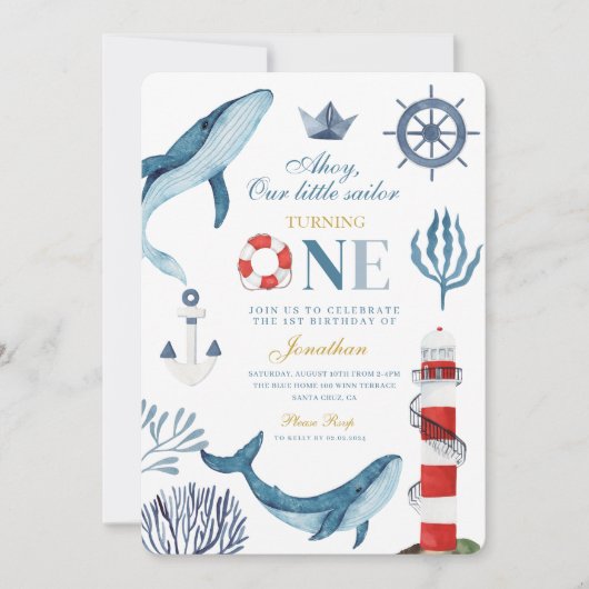 Sailor Waterverf Whale Zee 1e Verjaardag Kaart (Voorkant)