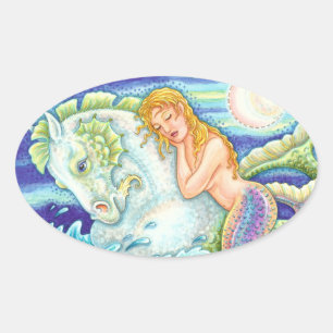 SAILOR'S FANTASY MERMAID RIDING MERHORSE, SEAHORSE OVALE STICKER