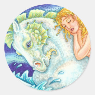 SAILOR'S FANTASY MERMAID RIDING MERHORSE, SEAHORSE RONDE STICKER