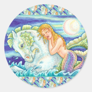 SAILOR'S FANTASY MERMAID RIDING MERHORSE, SEAHORSE RONDE STICKER