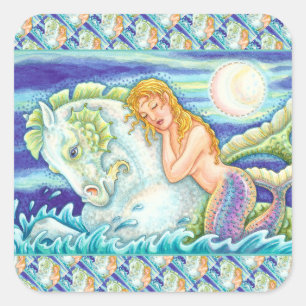 SAILOR'S FANTASY MERMAID RIDING MERHORSE, SEAHORSE VIERKANTE STICKER