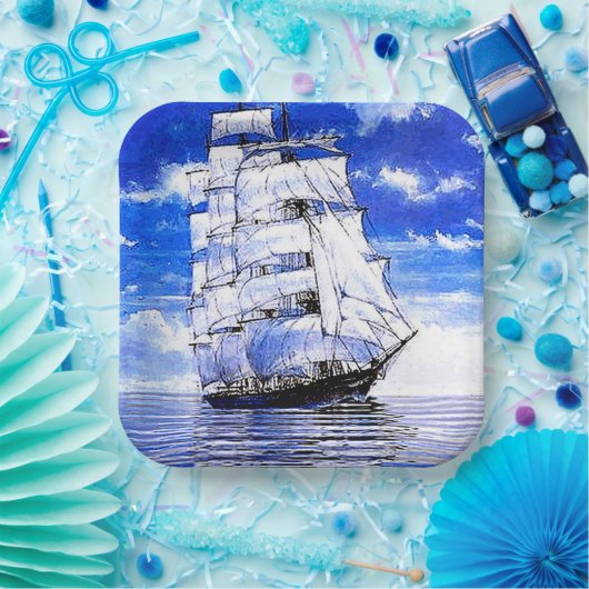 SAILSCHIP IN BLAUWE WATEREN PAPIEREN BORDJE (Feest)