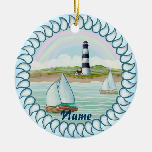 Sailships Lighthouse aangepaste naam ornament (Voorkant)