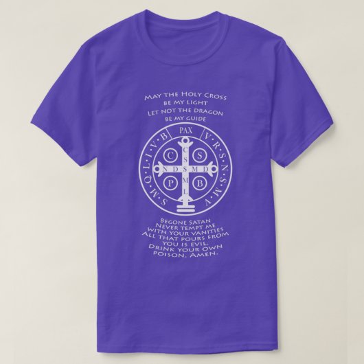 Saint Benedict-medaille met prayeron donkerblauw T-shirt (Design voorkant)