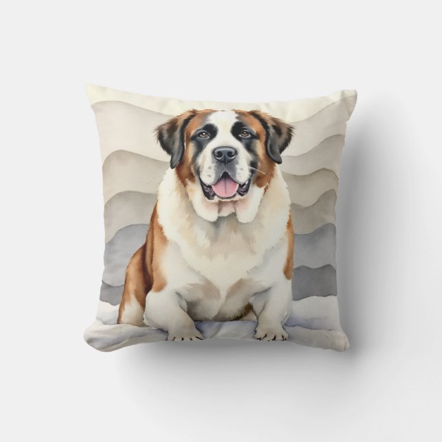 Saint Bernard Aquarel Sneeuw Drift Kunst Kussen (Voorkant)