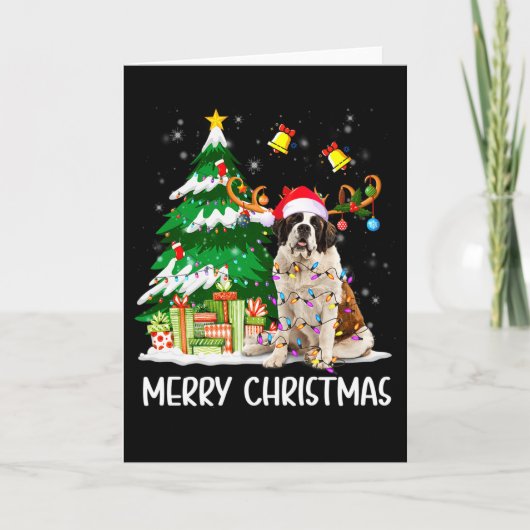 Saint Bernard Christmas Lights Tree Santa Xmas Paj Kaart (Voorkant)