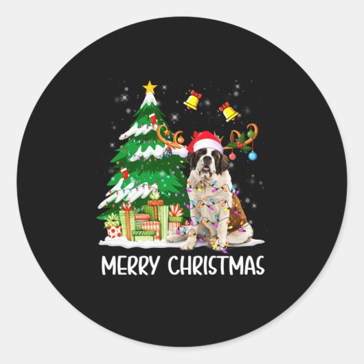 Saint Bernard Christmas Lights Tree Santa Xmas Paj Ronde Sticker (Voorkant)