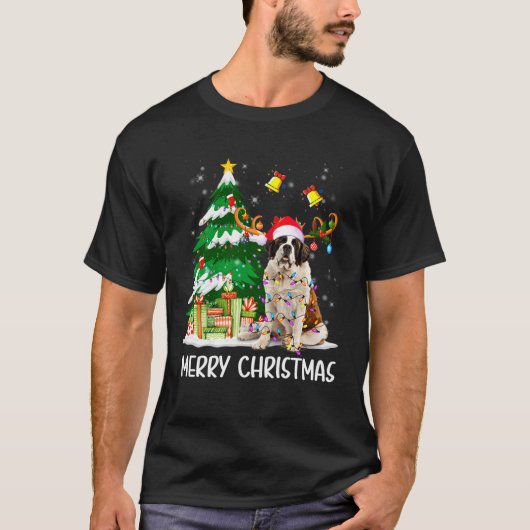 Saint Bernard Christmas Lights Tree Santa Xmas Paj T-shirt (Voorkant)