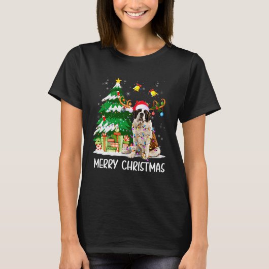 Saint Bernard Christmas Lights Tree Santa Xmas Paj T-shirt (Voorkant)