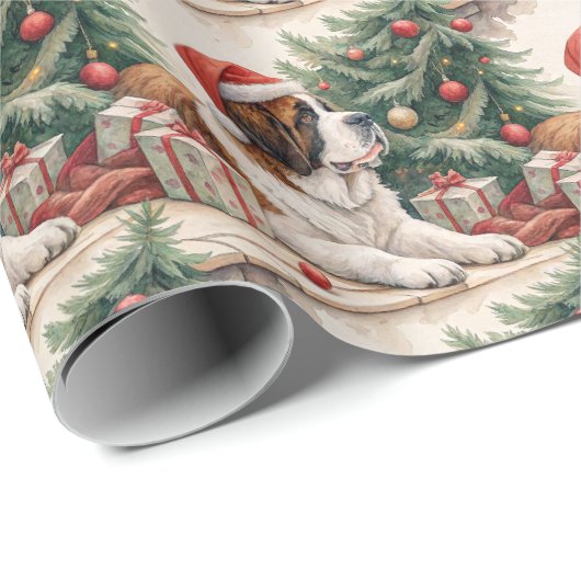Saint Bernard Christmas Tree Watercolor  Cadeaupapier (Rol Hoek)