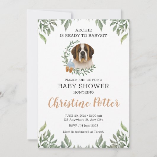 Saint Bernard Dog Greenery Boho Baby shower Kaart (Voorkant)