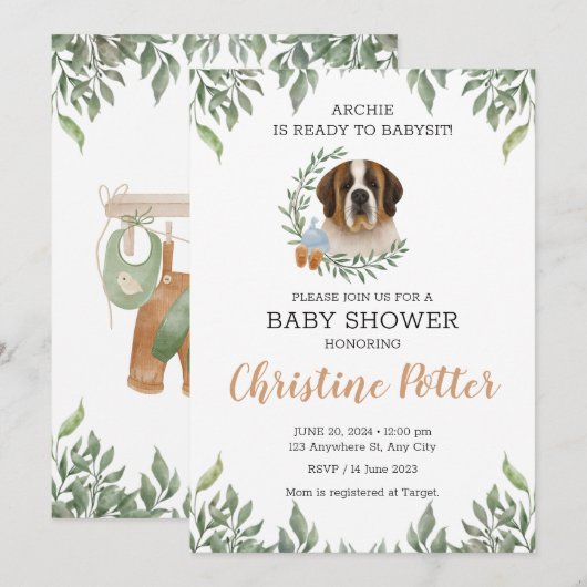 Saint Bernard Dog Greenery Boho Baby shower Kaart (Voorkant / Achterkant)