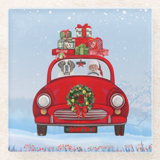 Saint Bernard Dog in auto met kerstman Glazen Onderzetter (Voorkant)