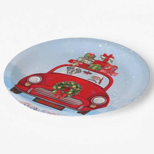 Saint Bernard Dog in auto met kerstman Papieren Bordje (Gekanteld)