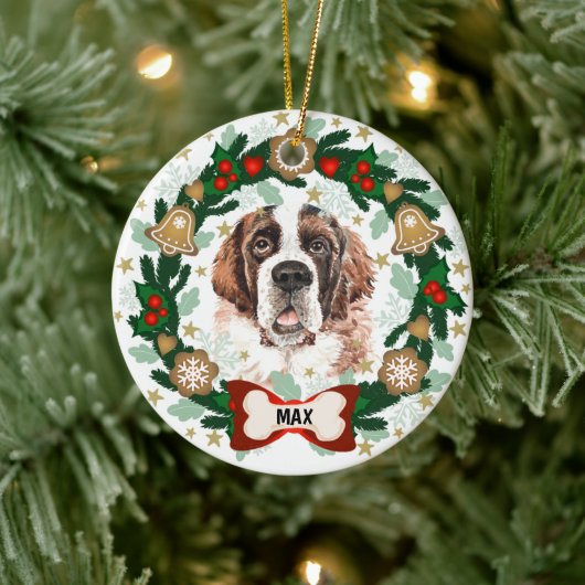 Saint Bernard Dog Kerstmis Dog Cookie Wreath Keramisch Ornament (Boom)