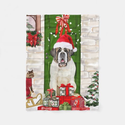 Saint Bernard Dog Kerstmis Fleece Deken (Voorkant)